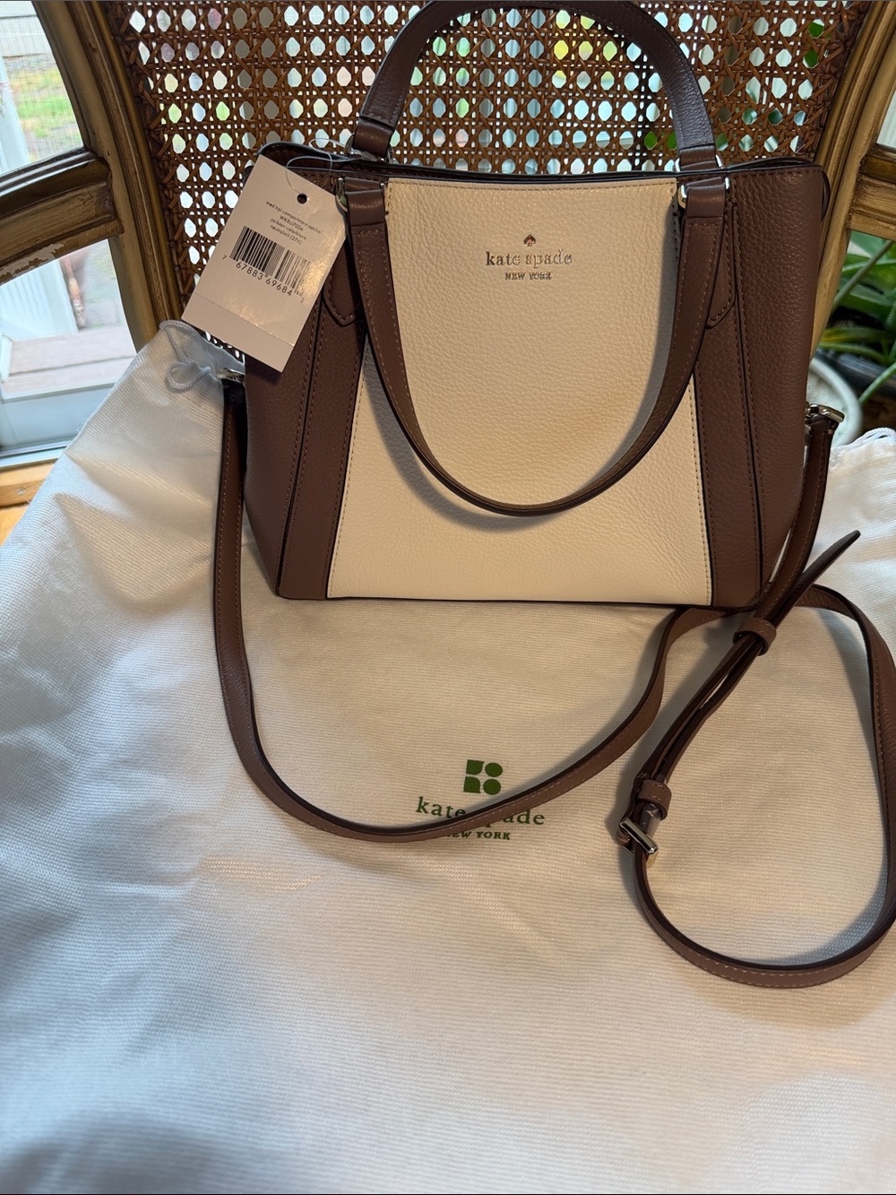 NWT Kate Spade Compartment Satchel Jackson Two-Tone Cream and Taupe Leather